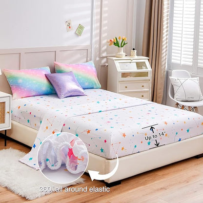 A Nice Night 6Pcs Gradient Glitter Bedding Set for Girls, Colorful Rainbow Galaxy Comforter Set, Ultra Soft Bedding Sets (Pink,Queen 6Pcs)