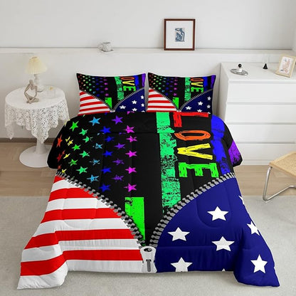 Erosebridal American Flag Comforter Set Rainbow Pride Bedding Set Twin Size for Teens Adult Women Bedroom,USA Federations Stars Stripes Down Comforter Kids Unique Zipper Design Duvet Sets, Colorful