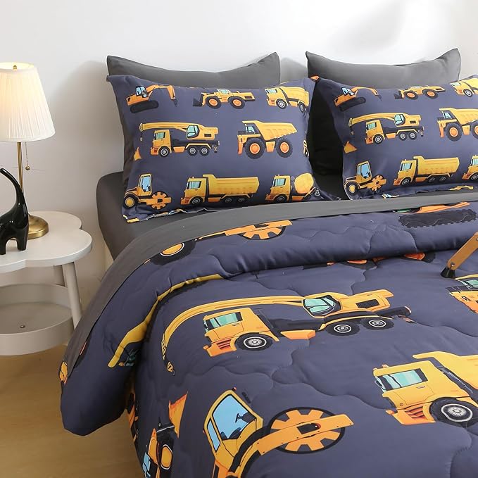 Wajade 7 Piece Construction Truck Kids Comforter Set for Boys Twin Size 3D Vehicles Excavator Cars Bedding Set for Kids Teens(1 Comforter, 1 Flat Sheet, 1 Fitted Sheet, 2 Pillowcase and 2 Pillow Sham)