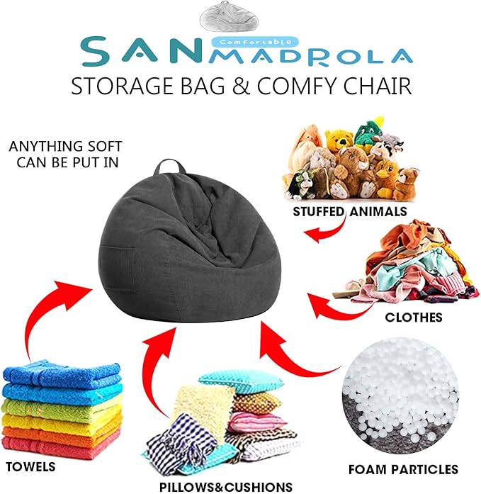 Stuffed Animal Storage Bean Bag Chair Cover (No Filler)for Kids and Adults. Premium Corduroy Stuffable Beanbag for Organizing Children Plush Toys or Memory Foam Extra Large 300L (Dark Grey)
