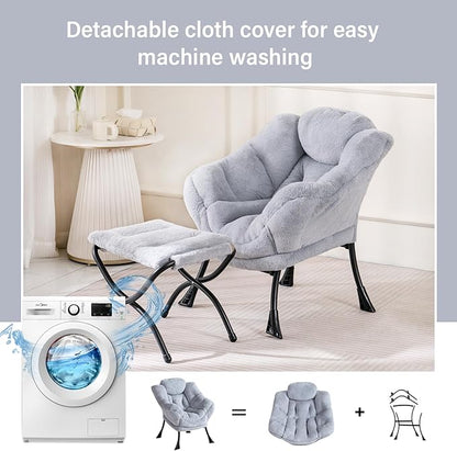 Welnow Toddler Kids Lazy Chair with Ottoman, Accent Comfy Lounge Children Armchair Couch with Armrest and Removable Cover, Detachable Reading Chair with Footrest for Boy or Girl, Plush Grey