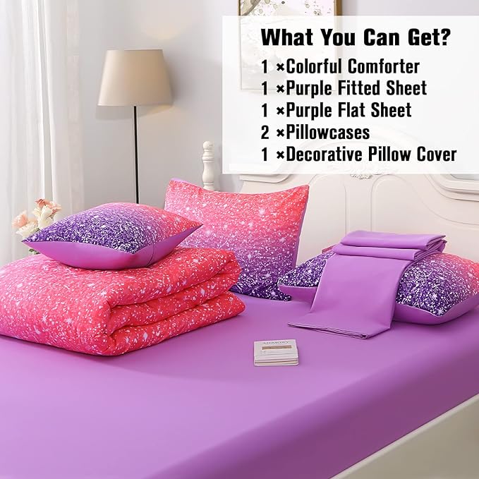 JQinHome Pink Purple Comforter Set Full/Queen Size, 6 Piece Bed in A Bag 3D Colorful Bedding Set for Girls Women (1 Comforter,2 Pillowcases,1 Flat Sheet,1 Fitted Sheet,1 Cushion Cover)