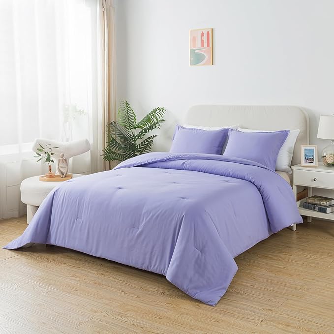 Queen Lavender Purple Comforter Set, Solid Luxury Skin-friendly Boho Bedding Set & Collections, Breathable Fluffy Microfiber 3 PCS (90"x90") Comforter Set for All Seasons with Pillowcases