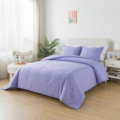 Lavender Purple Comforter Set King Size, Solid Luxury Skin-friendly Boho Bedding Set & Collections, Breathable Fluffy Microfiber 3 PCS (104"x90") Comforter Set for All Seasons