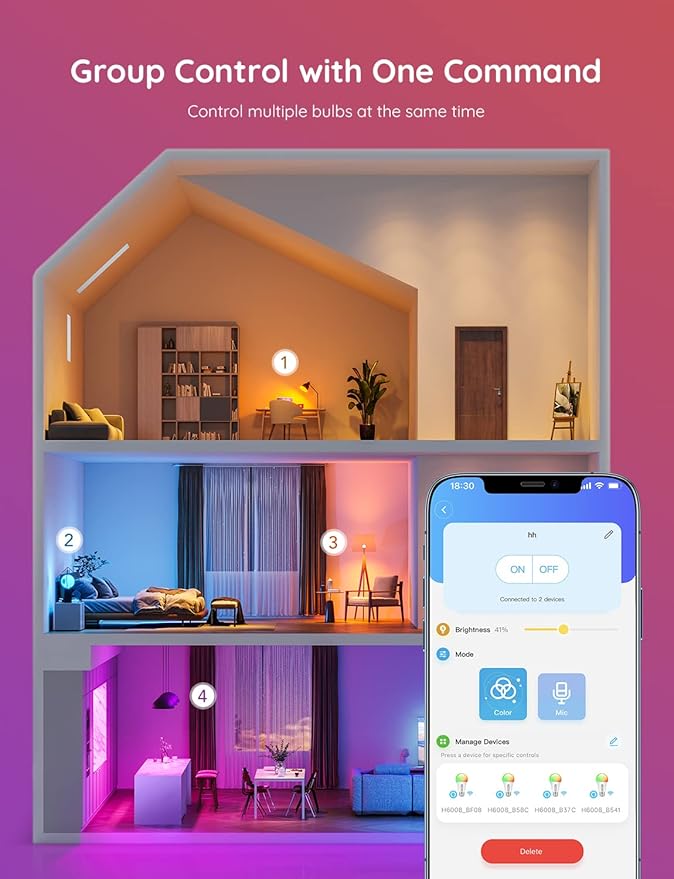 Govee Smart Light Bulbs, WiFi Bluetooth Color Changing Light Bulbs, Music Sync, 54 Dynamic Scenes, 16 Million DIY Colors RGB Light Bulbs, Work with Alexa, Google Assistant, 800 Lumen, 8 Pack