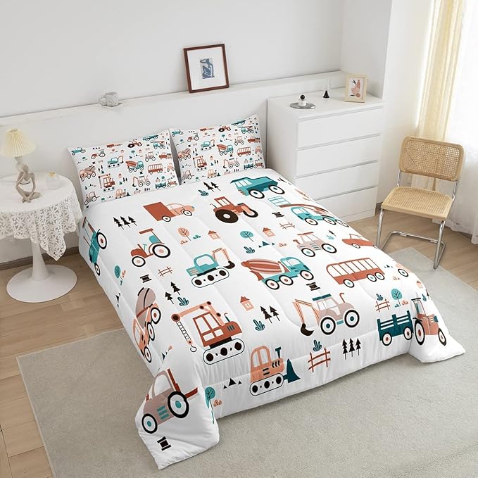 Feelyou Boys Cartoon Car Comforter Set, Kids Construction Cars Trucks Comforter for Children Cartoon Botanical Truck Bedding Set Cute Cars Quilt Set with 1 Pillowcase 2Pcs Bedding Twin