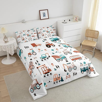 Feelyou Boys Cartoon Car Comforter Set, Kids Construction Cars Trucks Comforter for Children Cartoon Botanical Truck Bedding Set Cute Cars Quilt Set with 1 Pillowcase 2Pcs Bedding Twin
