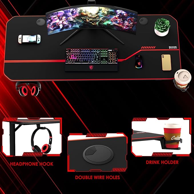 55'' Gaming Desk, Multi-Use Home Office T-Shaped Computer Workstation, Carbon Fiber Surface PC Study Table, Full Cover Mousepad, Drink Holder, Wire Holes, Headphone Hook, Cable Tray, Red