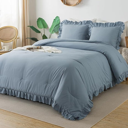 Andency California King Comforter Sets Grayish Blue (104x96Inch), 3 Pieces Cal King Ruffle Comforter, Oversized Farmhouse Shabby Chic Bed Comforter, Lightweight and Soft Microfiber Bedding Set