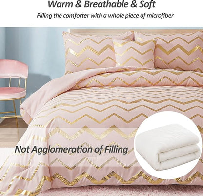 Pink Comforter Set Queen Size, Metallic Blush and Rose Gold Bedding Set, 4 Piece Lightweight Microfiber Bed Set for Teen Girls Women (2 Pillow Shams + 1 Decorative Pillow Sham)