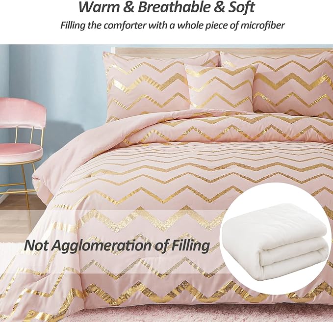 Pink Comforter Set King Size, Metallic Blush and Rose Gold Bedding Set, 4 Piece Lightweight Microfiber Comforter for Teen Girls Women (2 Pillow Shams + 1 Decorative Pillow Sham)