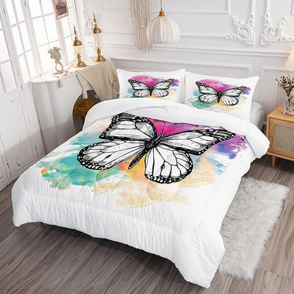 CVHOUSE Butterfly Bedding Set,Butterfly Comforter Queen,Butterfly Comforter Set for Girls Kids Teens,Butterflies Quilt Set with 1 Comforter and 2 Pillow Cases- 3 Piece