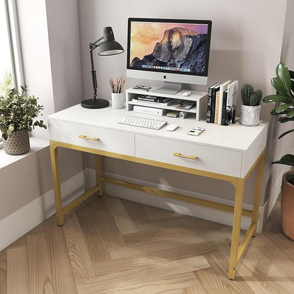 WESTREE Women Makeup Vanity Desk with 2 Drawers - Bedroom Home Office Desk, Wooden Height Monitor Stand & Storage Shelf without Mirror, White Table Great Gift for Her