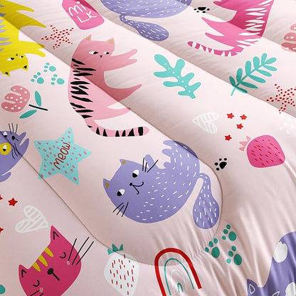 Kawaii Cats Comforter Twin Size,Pink Cats Kids Comforter Set,3Pcs Bedding Set Printed Comforter with 2 Pillowcases,Down Alternative,Soft and Lightweight,for All Seasons