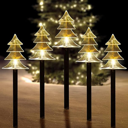 ILLUMINEW Christmas Solar Pathway Lights, Set of 5 Waterproof Landscape Christmas Lights, Stake Christmas Decorations, LED Lights for Yard Lawn Patio Walkway Decor (5PCS-Warm White-Tree)