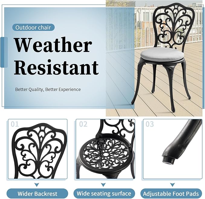 3 Piece Bistro Patio Set Cast Aluminum Bistro Table and Chairs Set of 2 with Cushion,Outdoor Bistro Table Set with Umbrella Hole,Metal Patio Furniture Set for Garden,Black