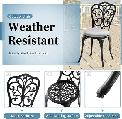 Patio Bistro Set 3 Piece Outdoor, All Weather Bistro Table and Chairs Set of 2 with Umbrella Hole, Outdoor Bistro Set with Cushions, Cast Aluminum Patio Furniture Set for Garden Porch