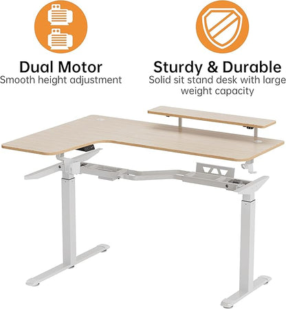 EUREKA ERGONOMIC Standing Desk Adjustable Height 61" Electric Sit Stand Computer Desk L Shaped with Keyboard Tray,Monitor Stand &LED, Dual Motor Memory Presets Sit to Desk Adjustable Desk, Left/Maple
