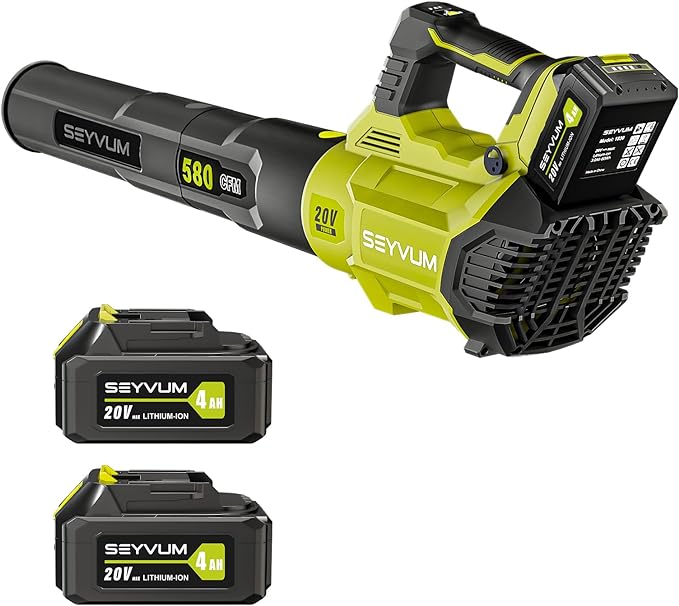 SEYVUM Leaf Blower - 580CFM 20V Leaf Blower Cordless with 2 X 4.0Ah Battery & Charger, 3-Speed Dial Electric Blower Handheld, Lightweight Powerful Battery Operated for Lawn Care, Jobsite