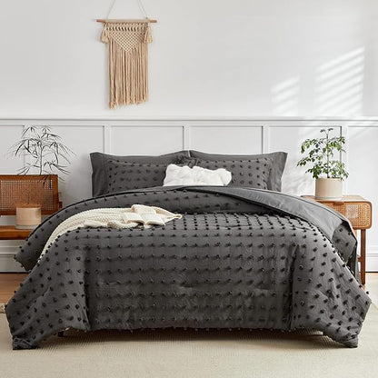 7 Pieces Tufted Dots Bed in a Bag Queen Comforter Set with Sheets Grey , Soft and Embroidery Shabby Chic Boho Comforters, Solid Color with Pom Pom Design, Jacquard Tufts Bedding Set for All Season