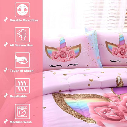 Unicorn Comforter Set Rainbow Soft Girls Unicorn Bedding with 1 Comforter 2 Pillowcases Pink Flower Unicorn Bedding Sets for Teens Girls Queen Size