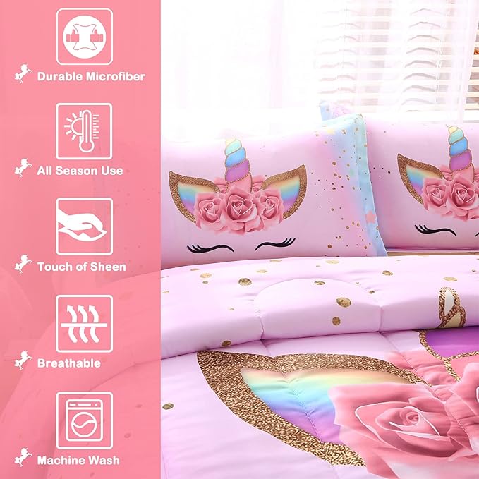 Unicorn Comforter Set Rainbow Soft Girls Unicorn Bedding with 1 Comforter 2 Pillowcases Pink Flower Unicorn Bedding Sets for Girls Twin Size