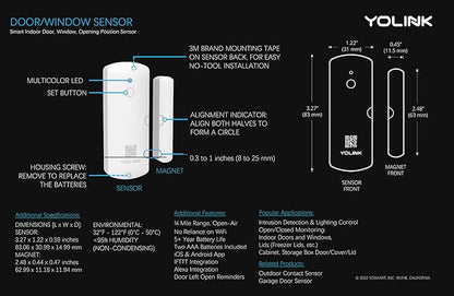 YoLinK LoRa Smart Door Sensor Starter Kit: 1/4 Mile Open-Air Range, Door Left-Open Reminders, Text/SMS, Email, App alerts, 5 Years Battery Life, Alexa, IFTTT, Home Assistant