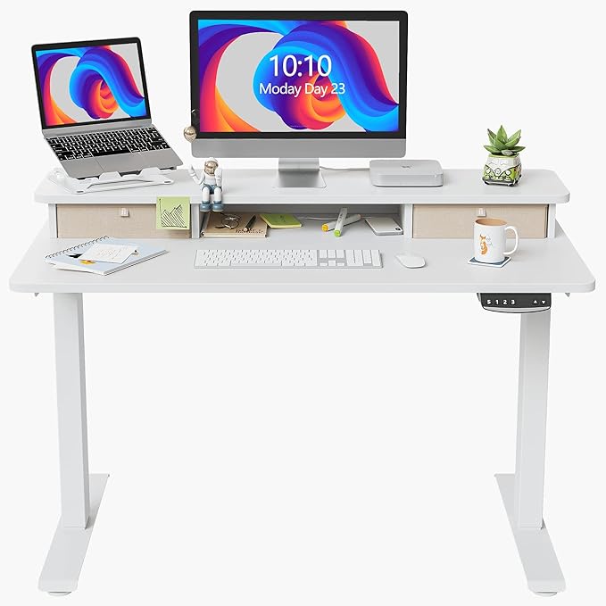 FEZIBO 40 x 24 Inch Height Adjustable Electric Standing Desk with Double Drawer, Stand Up Desk with Storage Shelf, Sit Stand Desk, White