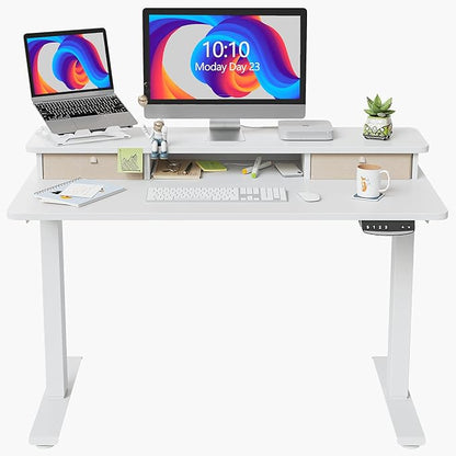 FEZIBO 40 x 24 Inch Height Adjustable Electric Standing Desk with Double Drawer, Stand Up Desk with Storage Shelf, Sit Stand Desk, White