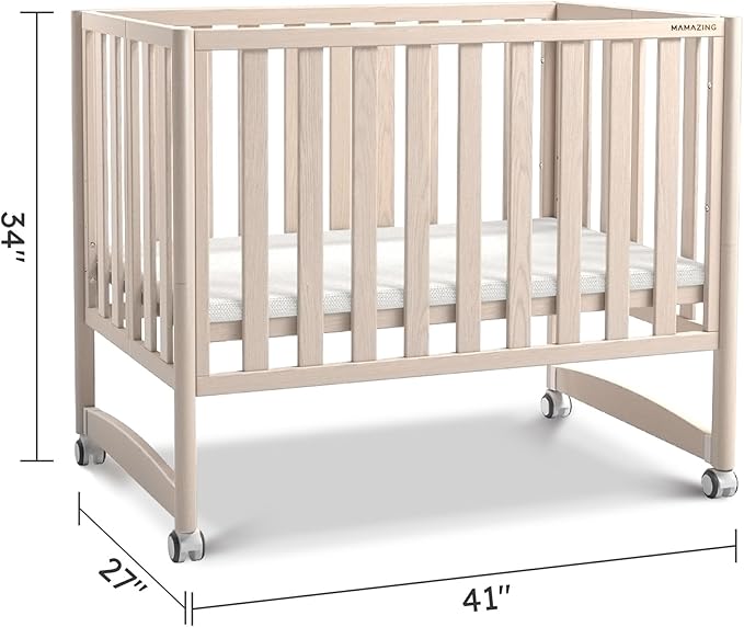 EvoNook 7-in-1 Convertible Mini Crib - Washed White, Portable Folding Baby Mini Crib with 1.5 Inch Mattress, 100% New Zealand Pinewood, 4 Adjustable Mattress Heights