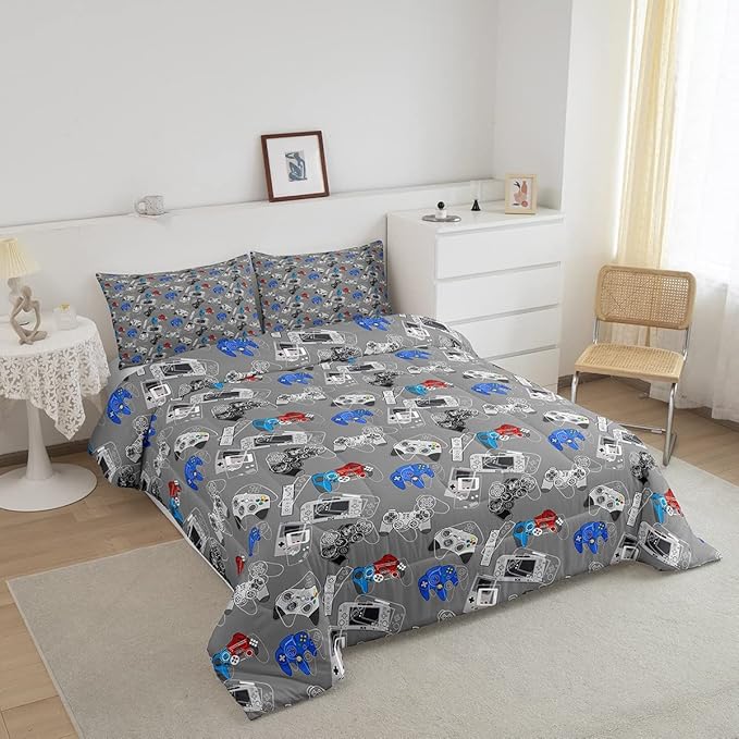Erosebridal Gaming Comforter Set for Boys Video Games Gamer Bedding King Size Teens Kids Games Room Decor Reversible Quilt for All Season Home Decoration Cool Gamepad Print Down Comforter, Grey White
