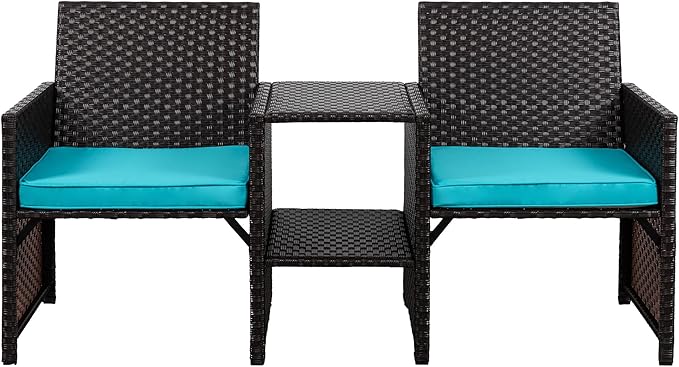 Shintenchi Wicker Patio Conversation Furniture Set with Detachable Chairs & Table and Two Removable Cushions,Rattan Wicker Lover Chair for Patio,Garden, Courtyard and Lawn Backyard (Blue)