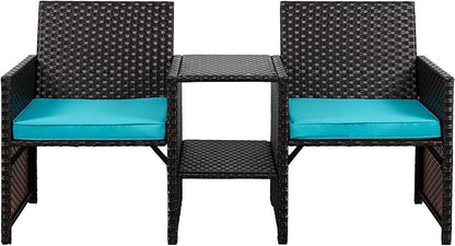 Shintenchi Wicker Patio Conversation Furniture Set with Detachable Chairs & Table and Two Removable Cushions,Rattan Wicker Lover Chair for Patio,Garden, Courtyard and Lawn Backyard (Blue)