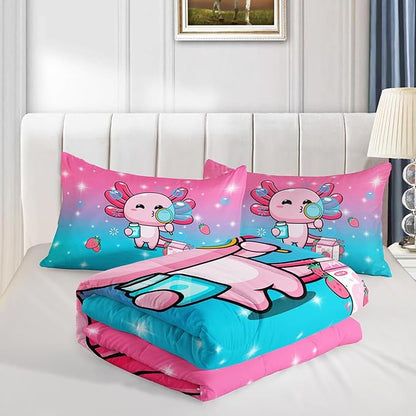 Kawaii Axolotl Comforter,Pink Salamander Comforter Set for Kids Teens Girls,3Pcs Bedding Set Printed Comforter with 2 Pillowcases,Down Alternative,Soft and Lightweight(Pink，Twin Size)