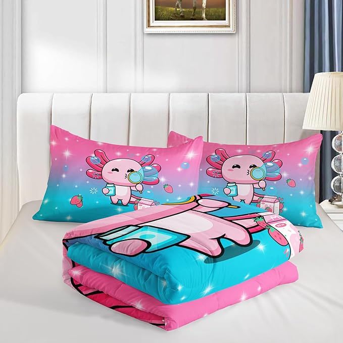 Kawaii Axolotl Comforter,Pink Salamander Comforter Set for Kids Teens Girls,3Pcs Bedding Set Printed Comforter with 2 Pillowcases,Down Alternative,Soft and Lightweight(Pink，Full Size)