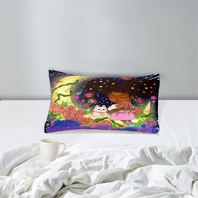 Black Girl Comforter Set Twin - 2Pcs Black Girl Twin Comforter Set for Girls, Twin Size Black Girls Bedding Set, Ultra Soft Breathable Starry Moon Prints Kids Comforter Set with 1 Pillowcase