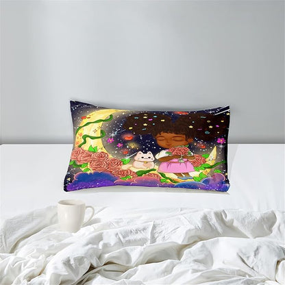 Black Girl Comforter Set Twin - 2Pcs Black Girl Twin Comforter Set for Girls, Twin Size Black Girls Bedding Set, Ultra Soft Breathable Starry Moon Prints Kids Comforter Set with 1 Pillowcase