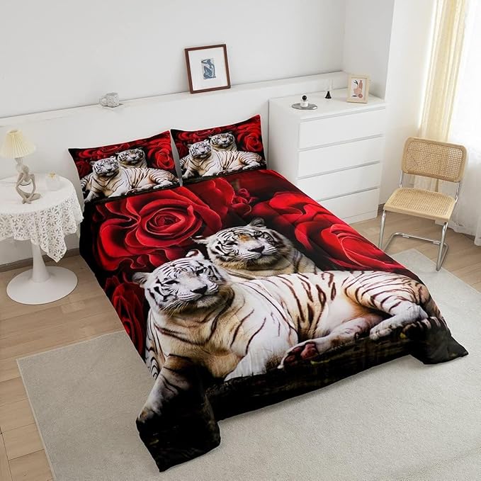 Tiger Comforter Set King, Red Rose Comforter Kids Girls Women,Red Image Of Large Cat Playing with Water Cool Nature Animal Quilted Duvet Insert Gorgeous Floral Flower Bedding Comforters,Brown