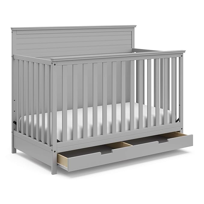 STORKCRAFT Homestead 5-in-1 Convertible Crib with Drawer (Pebble Gray) – GREENGUARD Gold Certified, Crib with Drawer Combo, includes Nursery Storage Drawer, Converts to Toddler Bed and Full-Size Bed