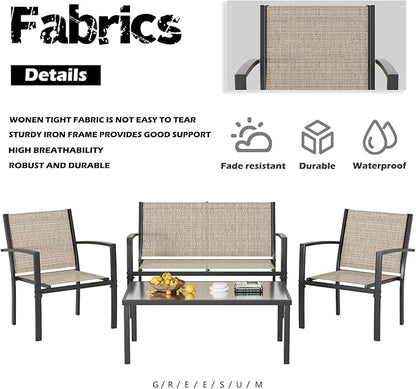 Greesum 4 Pieces Patio Furniture Set, Outdoor Conversation Sets for Patio, Lawn, Garden, Poolside with A Glass Coffee Table, Beige