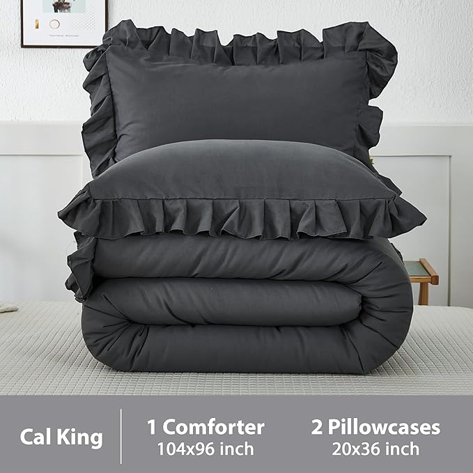 Andency California King Comforter Set Dark Gray (104x96Inch), 3 Pieces Cal King Ruffle Comforter, Oversized Farmhouse Shabby Chic Bed Comforter, Lighteweight and Soft Microfiber Bedding Set