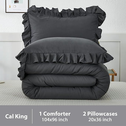 Andency California King Comforter Set Dark Gray (104x96Inch), 3 Pieces Cal King Ruffle Comforter, Oversized Farmhouse Shabby Chic Bed Comforter, Lighteweight and Soft Microfiber Bedding Set