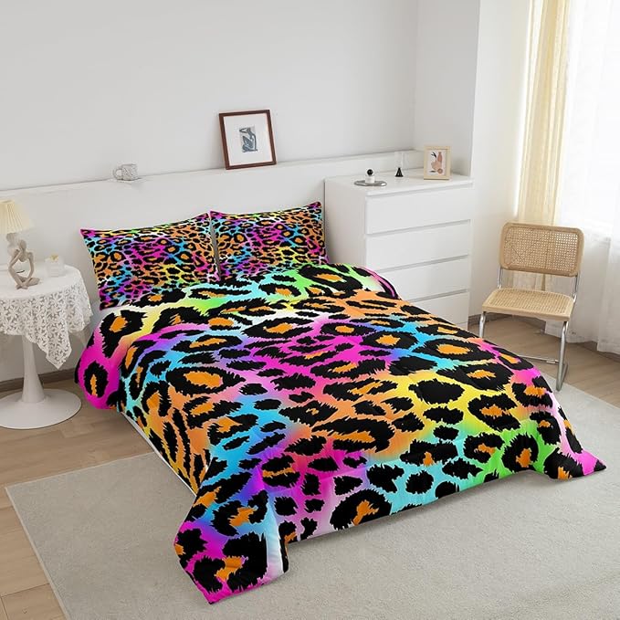 Leopard Print Comforter Set for Girls Kids Women Neon Rainbow Leopard Fur Bedding Set Mottled Exotic Panthera Skin Comforter Room Decor Colorful Camouflage Safari Theme Duvet Set Queen Size Quilt Set