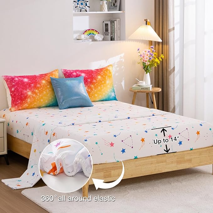 A Nice Night Gradient Glitter 6Pcs Bed in A Bag Bedding Set for Girls Twin Size, Colorful Rainbow Galaxy Comforter Set, Ultra Soft Bedding Sets, YellowBlue