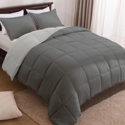 Basic Beyond King Size Comforter Set - Fluffy King Bed Comforter Set for All Seasons - Reversible Dark Grey Comforter Set - 3 Pieces (1 Comforter + 2 Pillow Shams) - Dark Gray/Grey