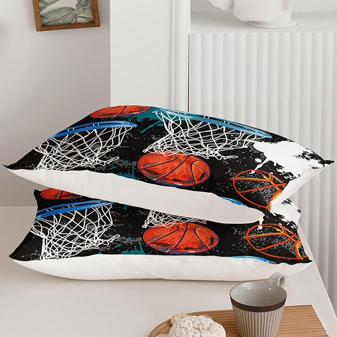 Axolotl Basketball Comforter Set Twin,Sports Comforter Set,Basketball Bedding Set,Sports Theme Comforter Set,Grunge Bedding Aesthetic Cool Style for Boys Kids Men,1 Quilt 2 Pillowcases,Black Blue