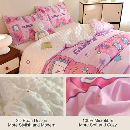 Video Game Full Size Comforter Set for Girls Kids Teens 3D Gaming Controller Pattern Gamepad Print Bedding Set- 3 Piece Pink Quilt with 2 Pillowcases (80"x90")