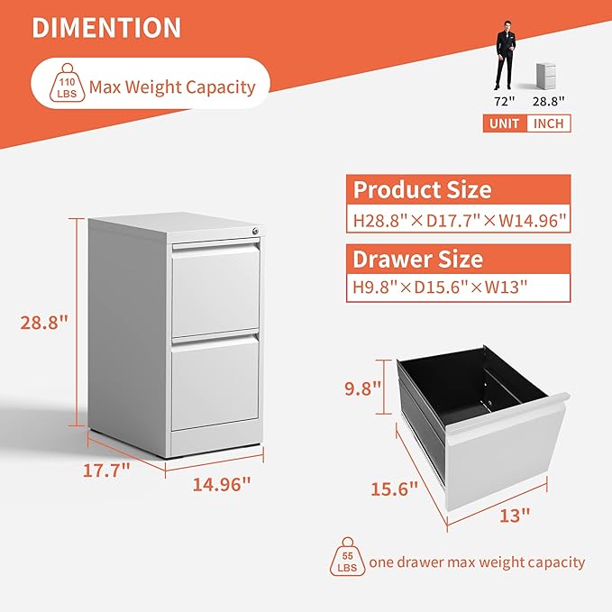 2 Drawer File Cabinet,White Metal Filing Cabinets for Home Office,Vertical File Cabinet with Lock for A4/Letter/Legal Size Files,Assembly Required