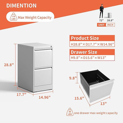 2 Drawer File Cabinet,White Metal Filing Cabinets for Home Office,Vertical File Cabinet with Lock for A4/Letter/Legal Size Files,Assembly Required