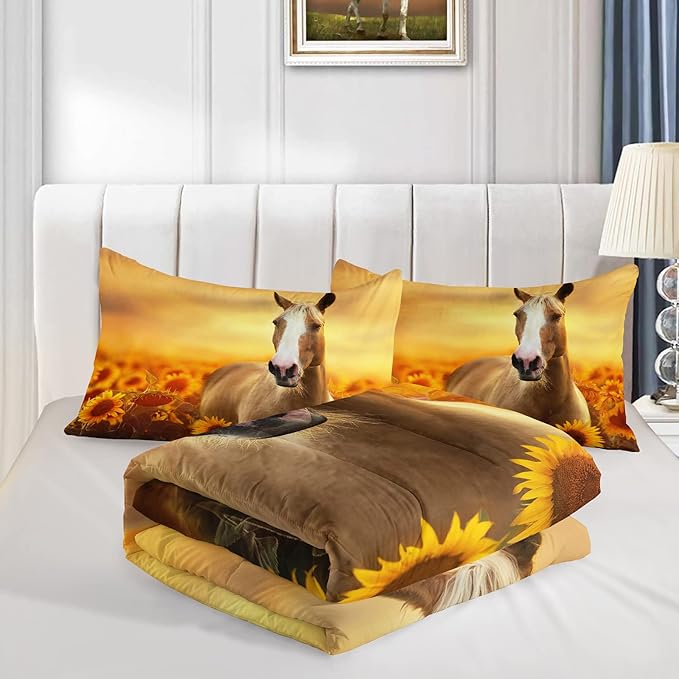 Horse Comforter King Size,Sunflower Horse Comforter Set for Kids Teens Girls Boys,3Pcs Bedding Set Printed Comforter with 2 Pillowcases,Soft and Lightweight，King Size